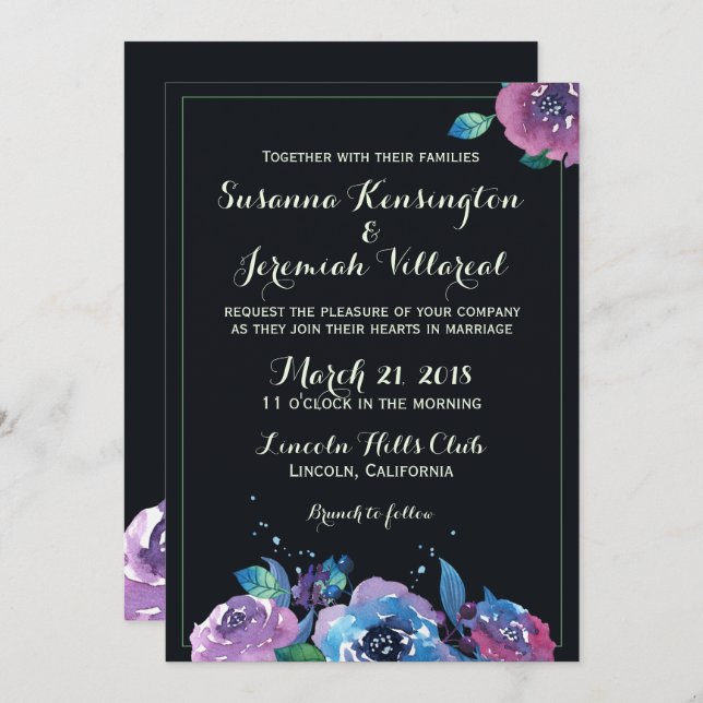 Deep Blue Purple Moody Floral Wedding Invitation (Front/Back)