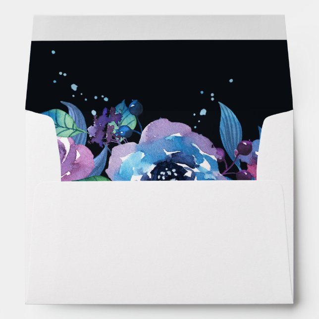 Deep Blue Purple Moody Twilight Floral Wedding Envelope (Back (Bottom))