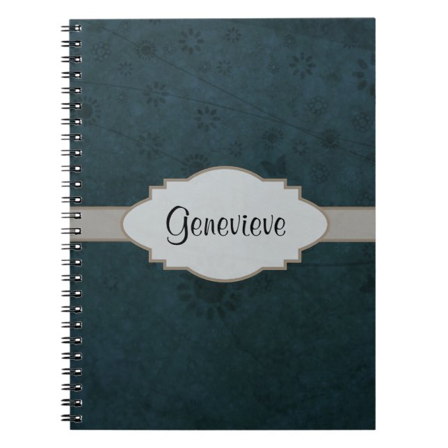 Deep Blue Retro Floral Abstract Nameplate Notebook (Front)