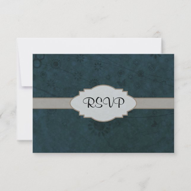 Deep Blue Retro Floral Abstract Nameplate RSVP Card (Front)