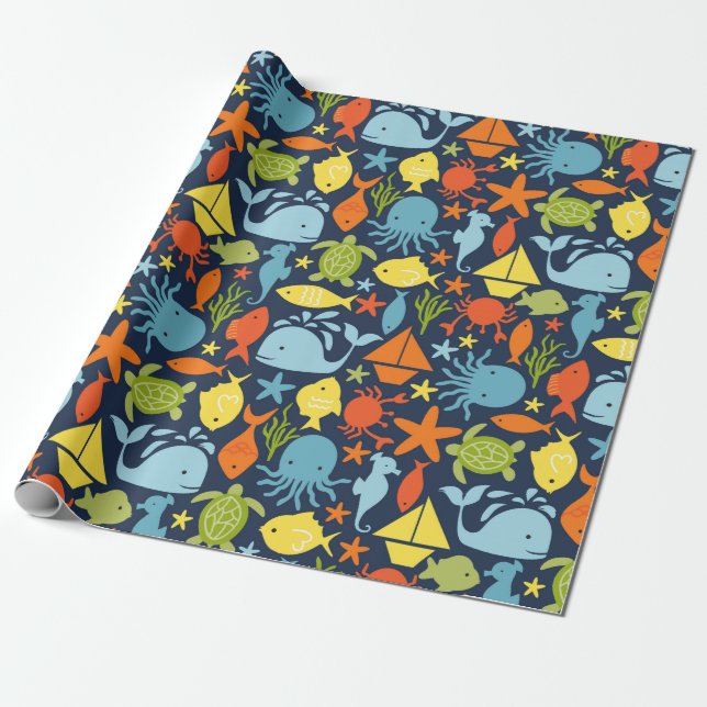 Deep Blue Sea Nautical Wrapping Paper (Unrolled)