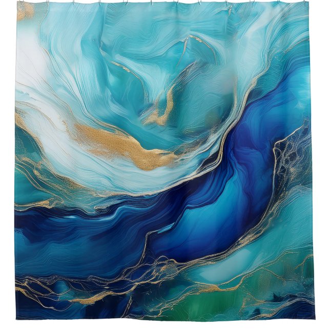 Deep Blue Serenity: An Abstract Seascape Shower Curtain (Front)