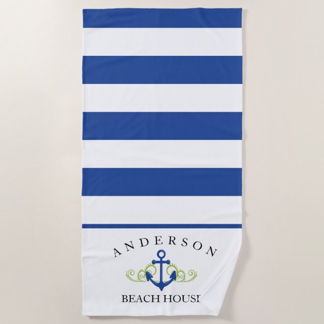 Deep Blue Stripe personalised Beach House Beach Towel (Front)