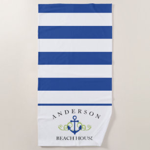 Deep Blue Stripe personalised Beach House Towel