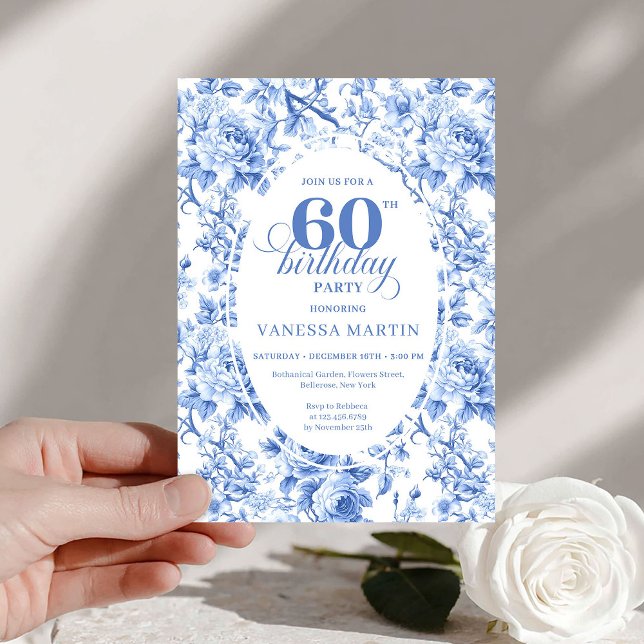 Deep Blue Toile Roses 60th Birthday Invitation   (Deep Blue Toile Roses 60th Birthday Invitation File

)