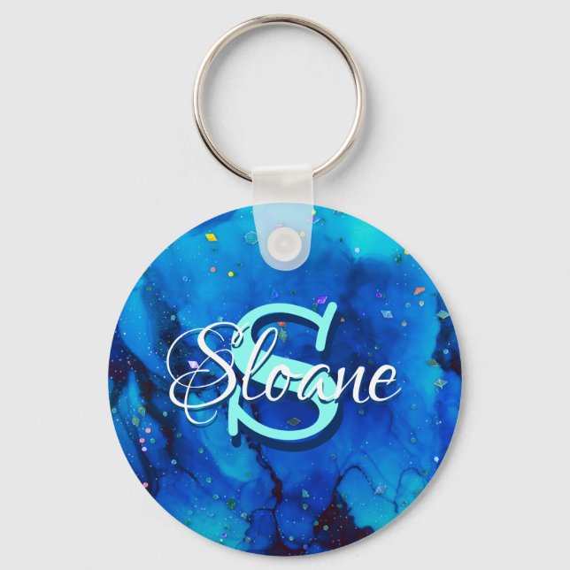 Deep Blue Underwater Alcohol Ink Painting Key Ring (Front)