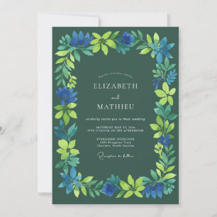 Deep Blue Verdant Blossom Wedding Invitation