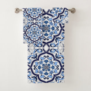 Deep Blue White Floral Sicilian Majolica Mosaic Bath Towel Set