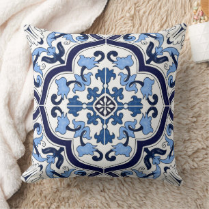 Deep Blue White Floral Sicilian Majolica Mosaic Cushion