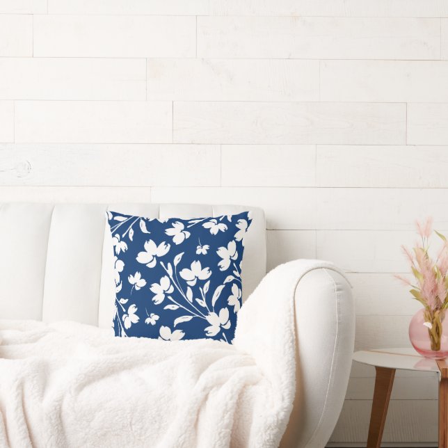 Deep Blue, White Flower Stems Cushion (Couch)