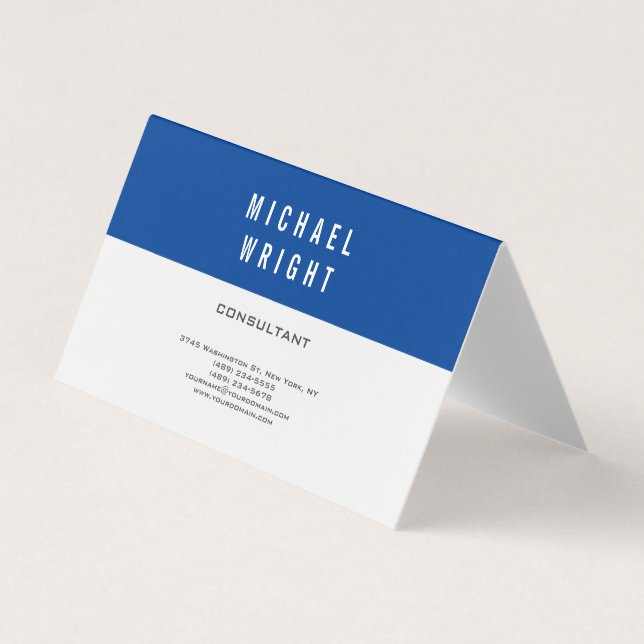Deep Blue White Modern Plain Simple Minimalist Business Card (Front)