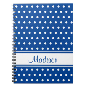 Deep Blue White Polka Dot Stripe Script Name Notebook