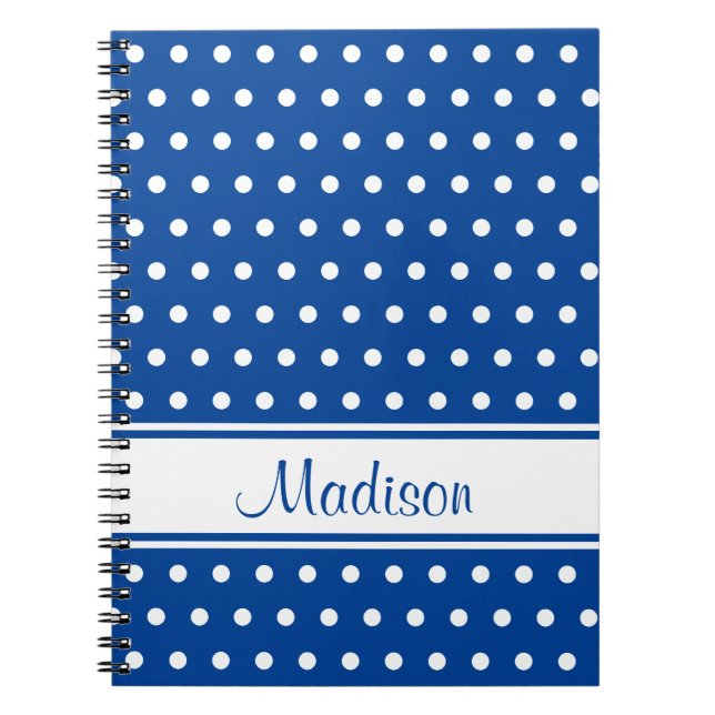 Deep Blue White Polka Dot Stripe Script Name Notebook (Front)