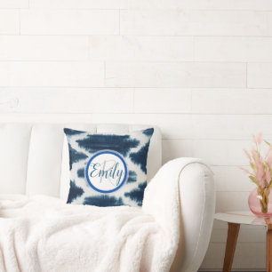 Deep Blue & White Shibori Tie Dye Monogram Name Cushion