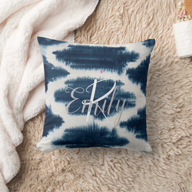 Deep Blue & White Shibori Tie Dye Monogram Name Cushion (Blanket)