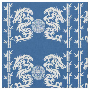 Deep Blue with Dragons and Bamboo Fabric