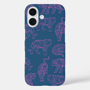 Deep Blue with Pink Tigers iPhone 16 Case