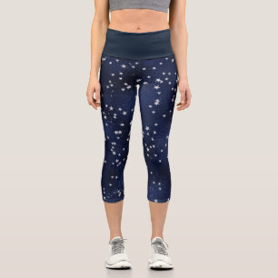 Deep Blue With Silver Stars Pattern Capri Leggings