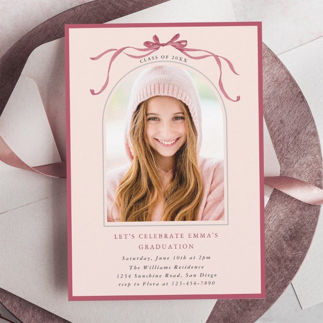 Deep Blush Bow Graduation Party Arch Photo Pink Invitation (Creator Uploaded)