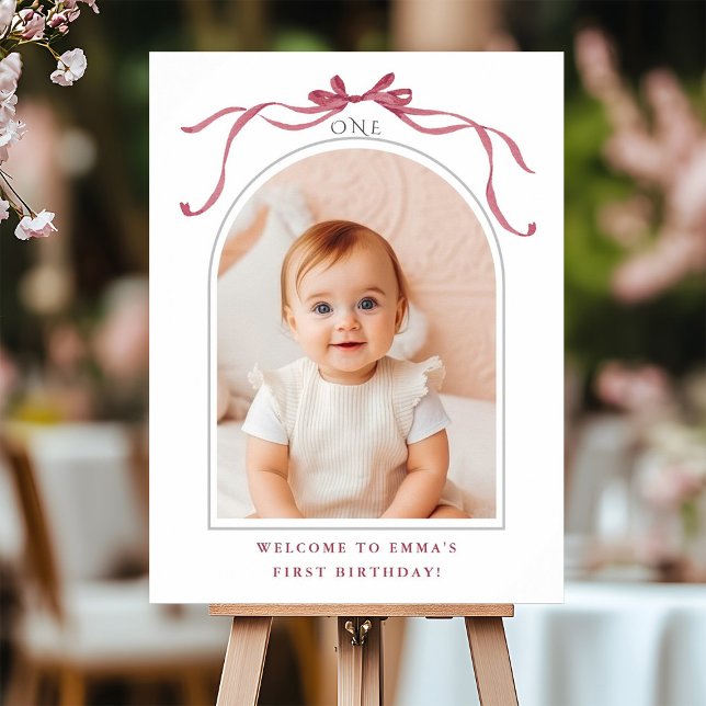 Deep Blush Pink Bow 1st Birthday Photo Welcome Poster (Creator Uploaded)