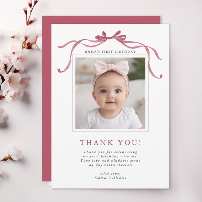 Deep Blush Pink Bow Birthday Photo Thank You Card (Creator Uploaded)