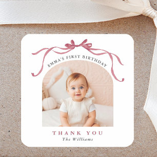 Deep Blush Pink Bow Birthday Thank You Square Sticker