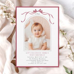Deep Blush Pink Bow Girl 1st Birthday Arch Photo Invitation