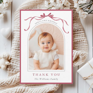 Deep Blush Pink Bow Minimal Birthday Photo  Thank You Card