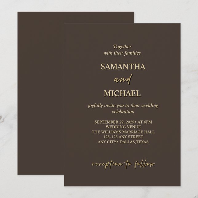 Deep Brown and Gold Elegant Wedding Invitation (Front/Back)