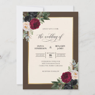 Deep Brown Burgundy Bouquet Eucalyptus Wedding Invitation