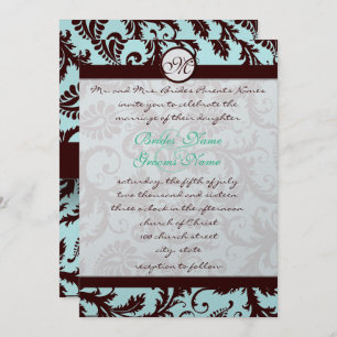 Deep Brown Damask Aqua Blue Wedding Invitation