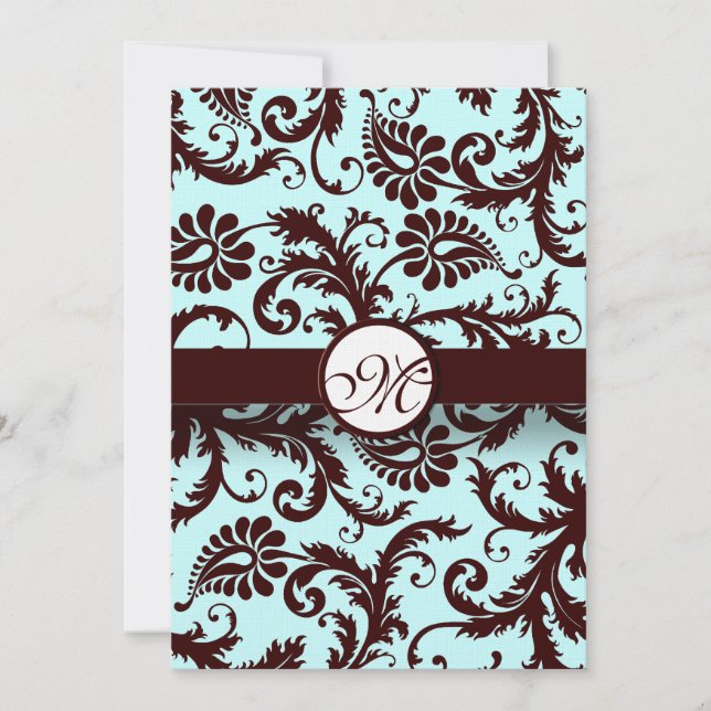 Deep Brown Damask Aqua Blue Wedding Invitation (Front)
