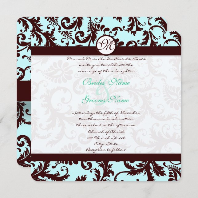 Deep Brown Damask Aqua Blue Wedding Invitation (Front/Back)