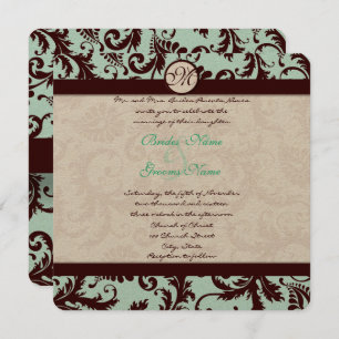 Deep Brown Damask Aqua Blue Wedding Invitation