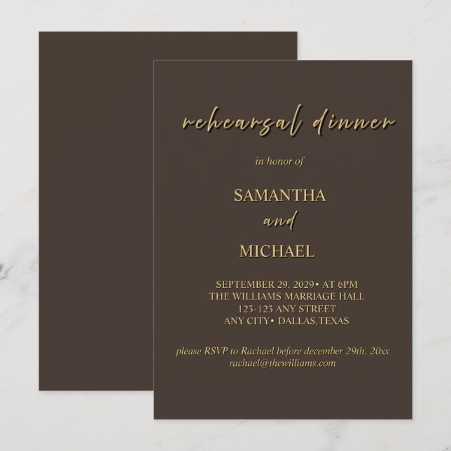 Deep Brown & Gold Rehearsal Dinner Invitation (Front/Back)