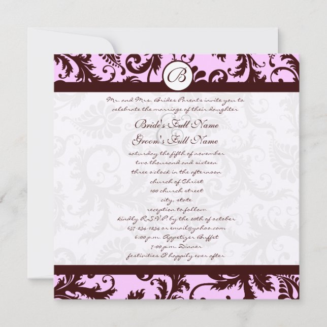 Deep Brown Pink Damask Wedding Invitation (Front)