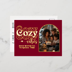 Deep Burgundy and Gold Cosy Vibes Retro Christmas Foil Holiday Postcard
