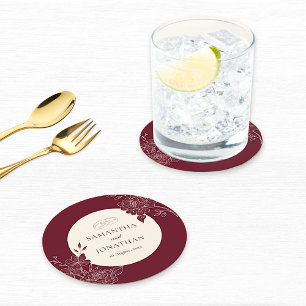 Deep Burgundy and Ivory Floral Line Art Wedding Round Paper Coaster