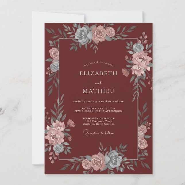 Deep Burgundy Azure Petal Wedding Invitation (Front)