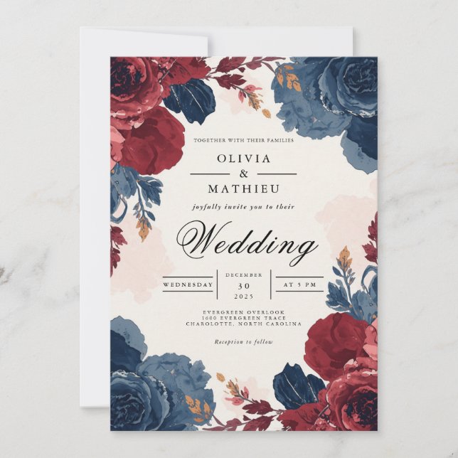 Deep Burgundy Blue Floral Arch Wedding Invitation (Front)