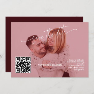 Deep Burgundy Calligraphy QR Code Photo Wedding Save The Date