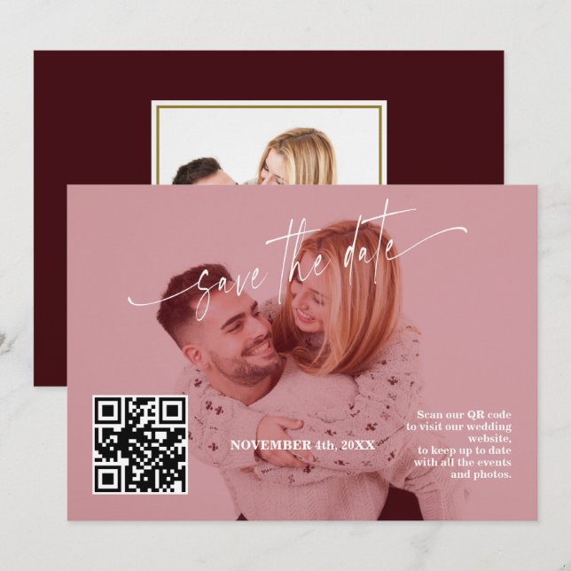 Deep Burgundy Calligraphy QR Code Photo Wedding   Save The Date (Front/Back)