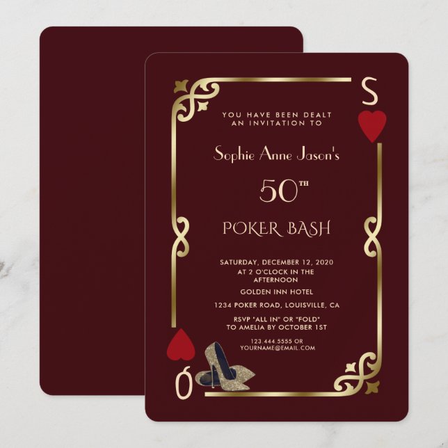 Deep Burgundy Casino Night Gatsby 50th Birthday Invitation (Front/Back)