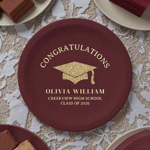 Deep Burgundy Class Of 2026 Graduation Party Paper Plate