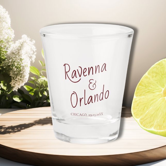 Deep Burgundy Cursive Retro Minimalist Wedding Shot Glass (Creator Uploaded)