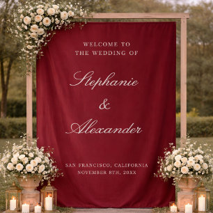 Deep Burgundy Custom Fabric Wedding Welcome Sign Tapestry