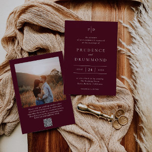 Deep Burgundy Elegant QR Code Classic Wedding Invitation