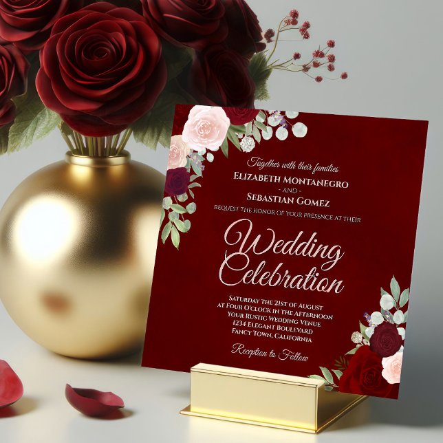 Deep Burgundy Elegant Red & Pink Roses Wedding Invitation (Creator Uploaded)