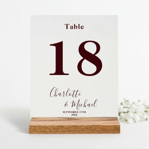 Deep Burgundy Elegant Wedding Table Number Acrylic Sign