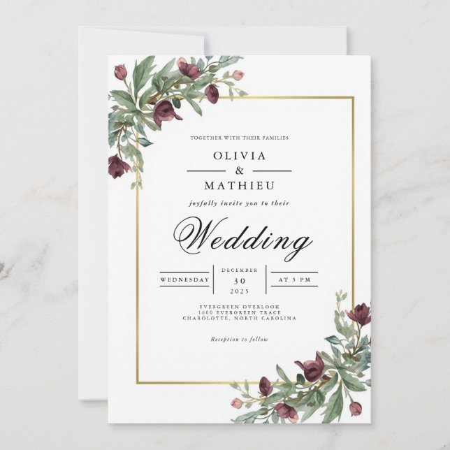Deep Burgundy Floral Arch Wedding Invitation (Front)